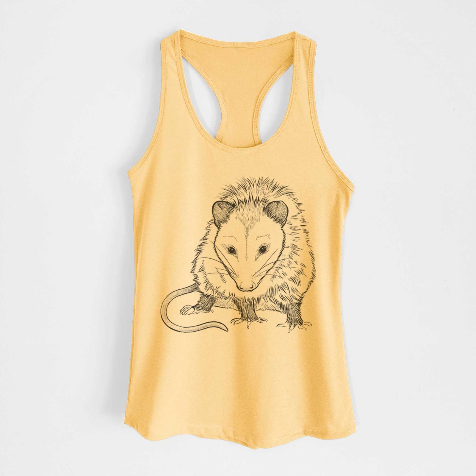 Banana cream women's racerback tank top laid flat, printed with a detailed black ink illustration of a Virginia opossum standing with its long tail curled.