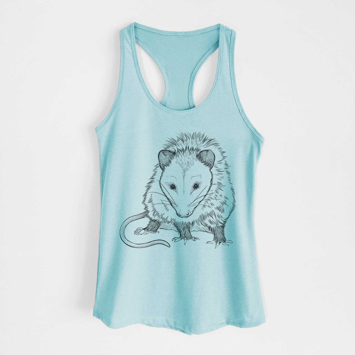 Cancun blue women's racerback tank top laid flat, printed with a detailed black ink illustration of a Virginia opossum standing with its long tail curled.