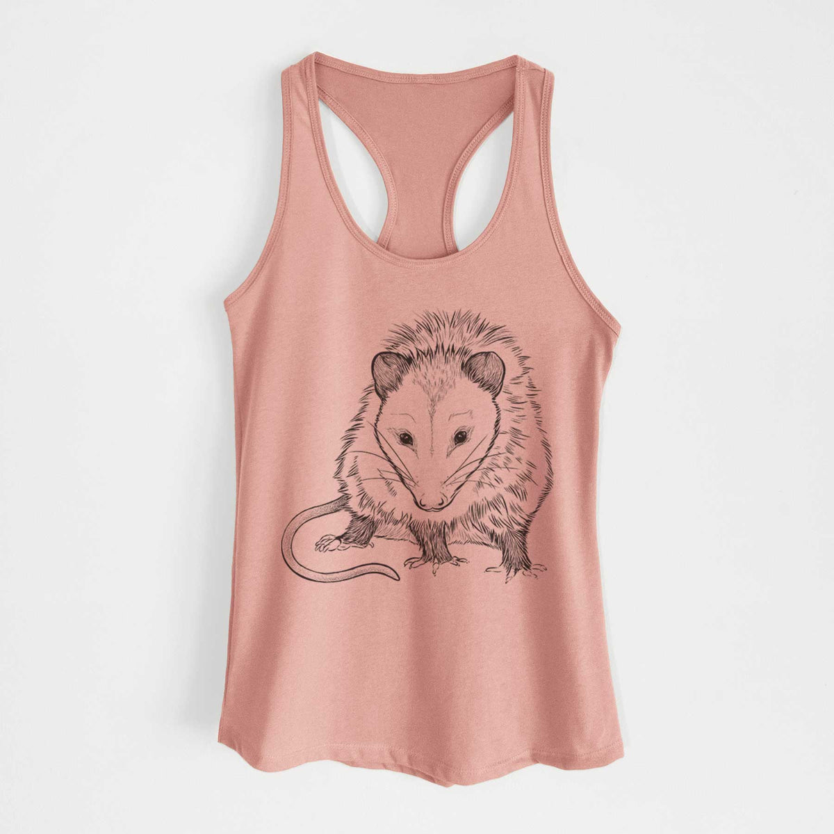 Desert pink women's racerback tank top laid flat, printed with a detailed black ink illustration of a Virginia opossum standing with its long tail curled.