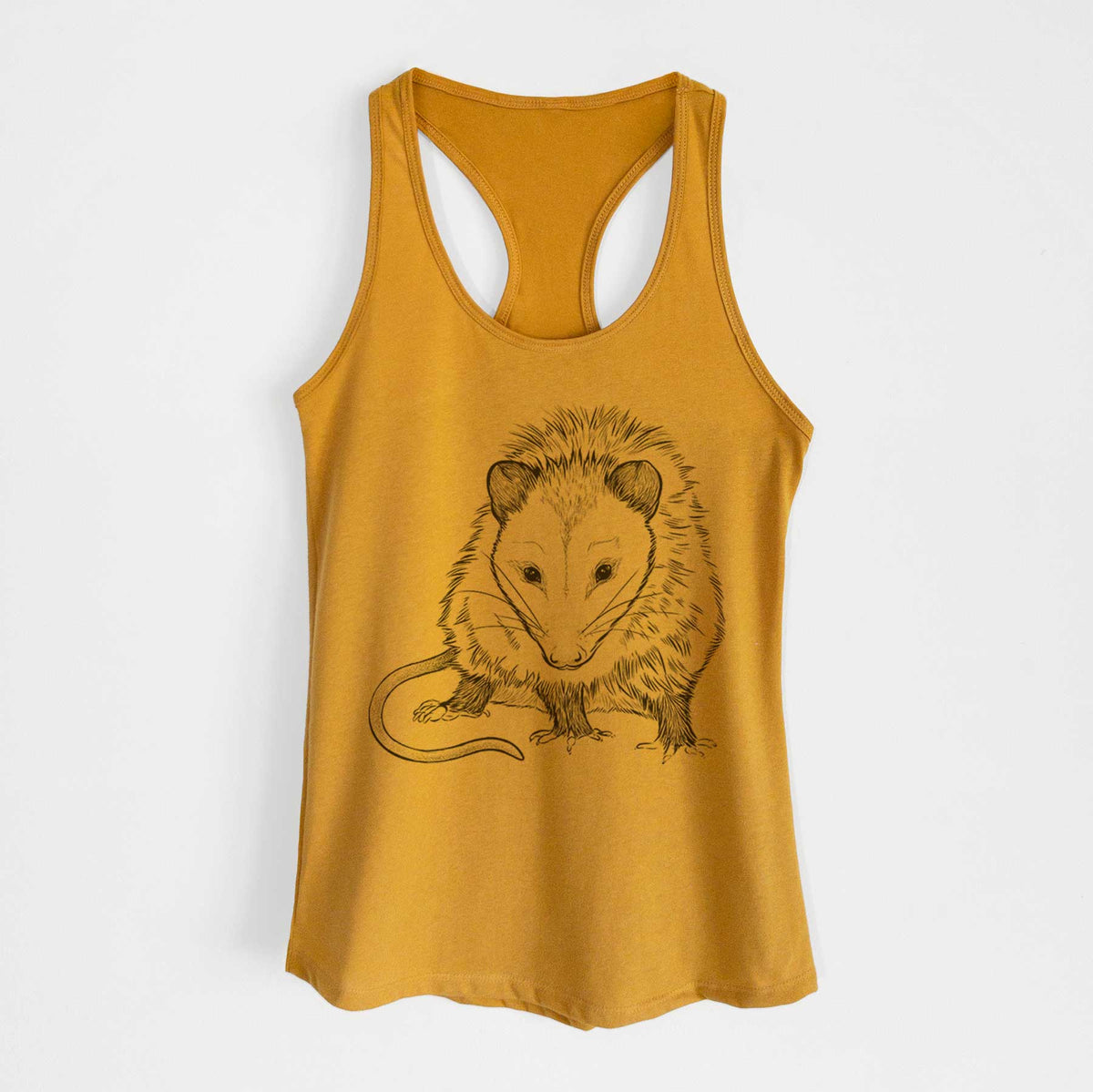 Gold women's racerback tank top laid flat, printed with a detailed black ink illustration of a Virginia opossum standing with its long tail curled.