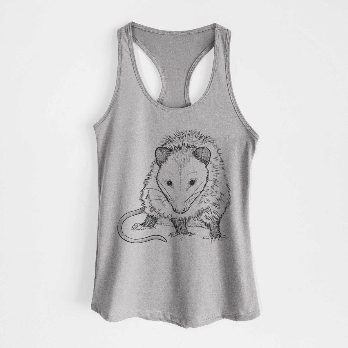 Heather grey women's racerback tank top laid flat, printed with a detailed black ink illustration of a Virginia opossum standing with its long tail curled.