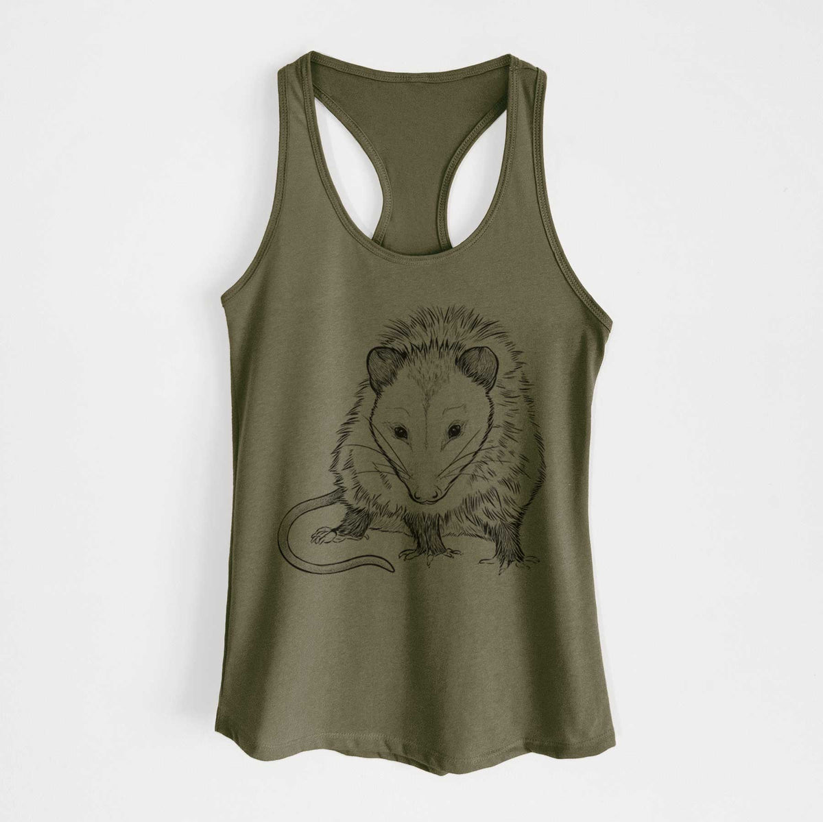 Military green women's racerback tank top laid flat, printed with a detailed black ink illustration of a Virginia opossum standing with its long tail curled.