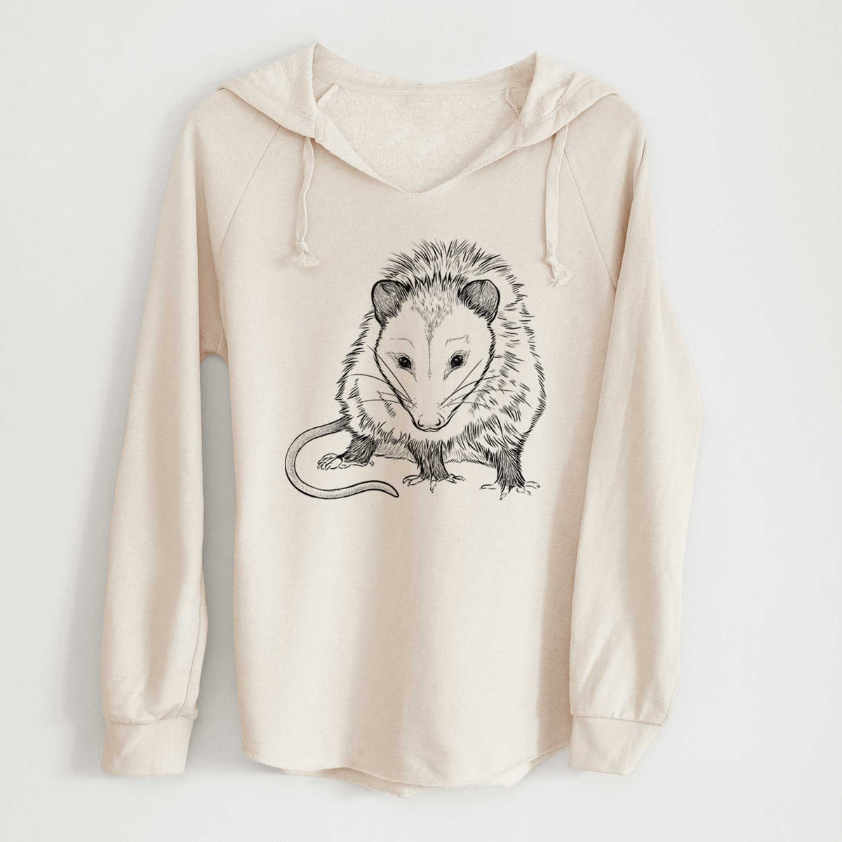 Bone cream women's Cali Wave hooded sweatshirt laid flat, printed with a detailed black ink illustration of a Virginia opossum standing with its long tail curled.