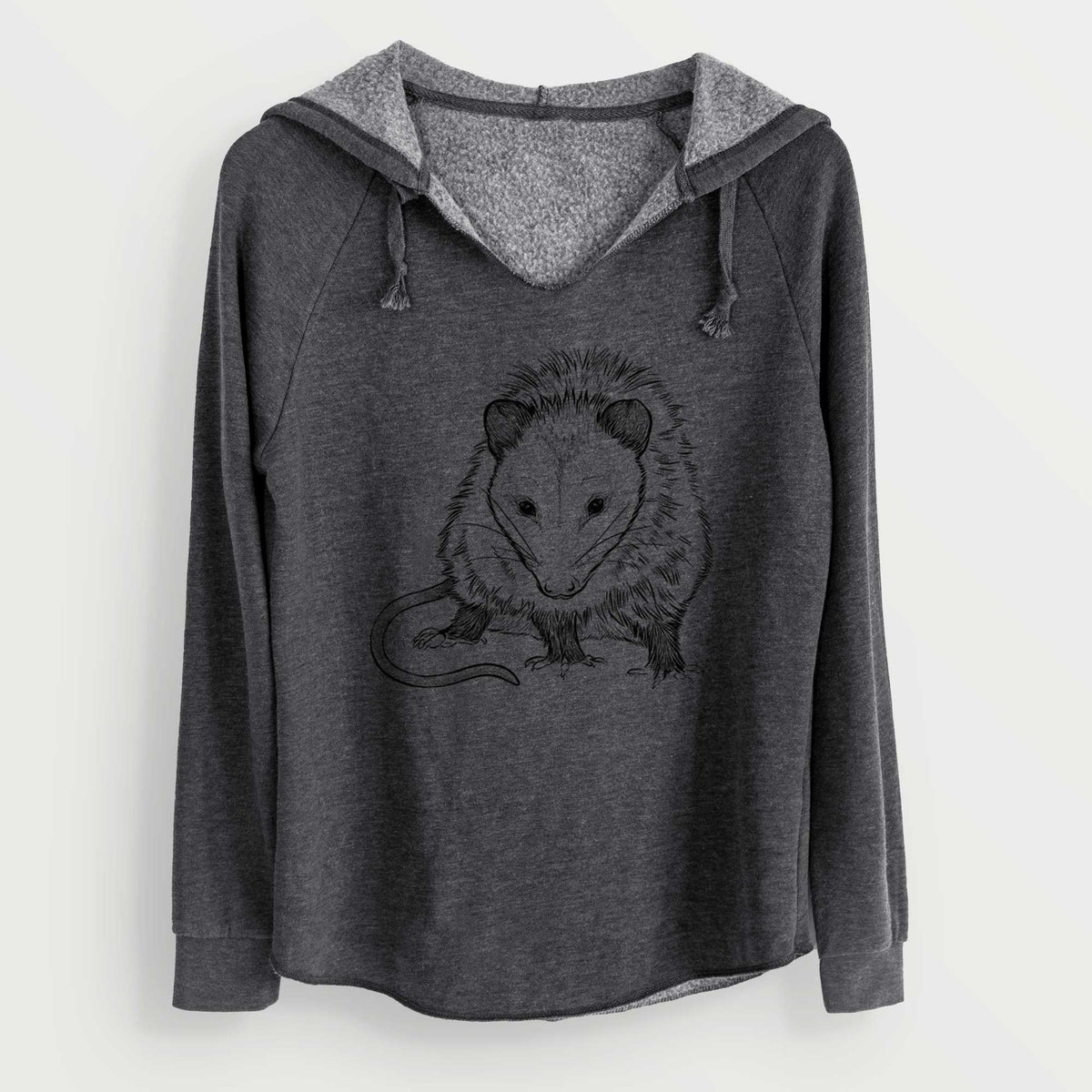 Charcoal grey women's Cali Wave hooded sweatshirt laid flat, printed with a detailed black ink illustration of a Virginia opossum standing with its long tail curled.
