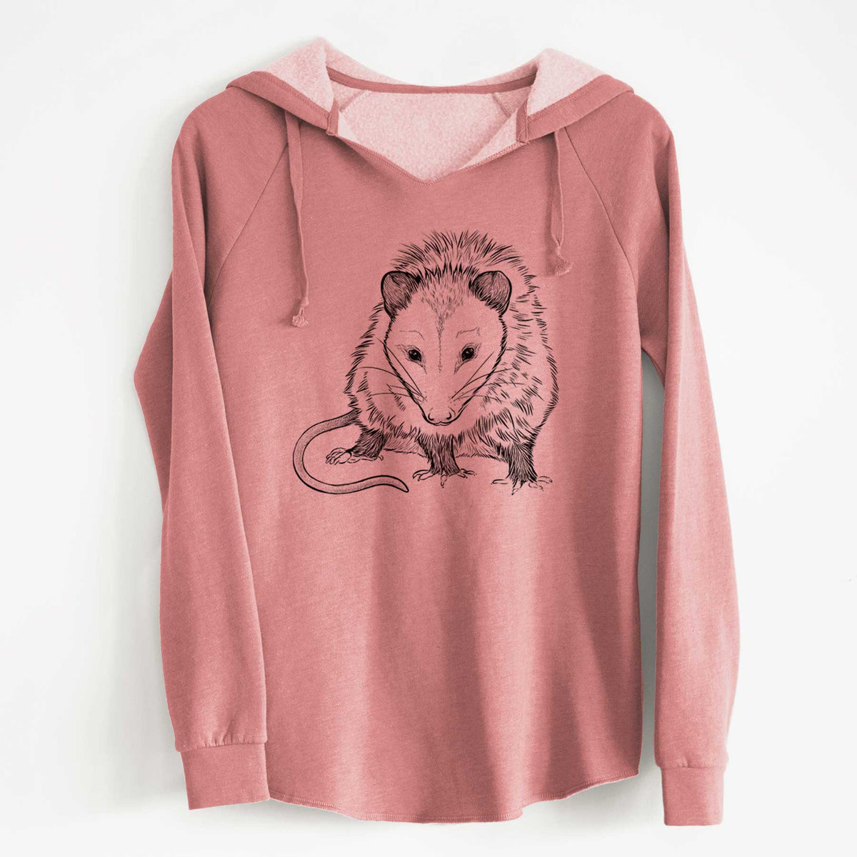 Dusty rose women's Cali Wave hooded sweatshirt laid flat, printed with a detailed black ink illustration of a Virginia opossum standing with its long tail curled.