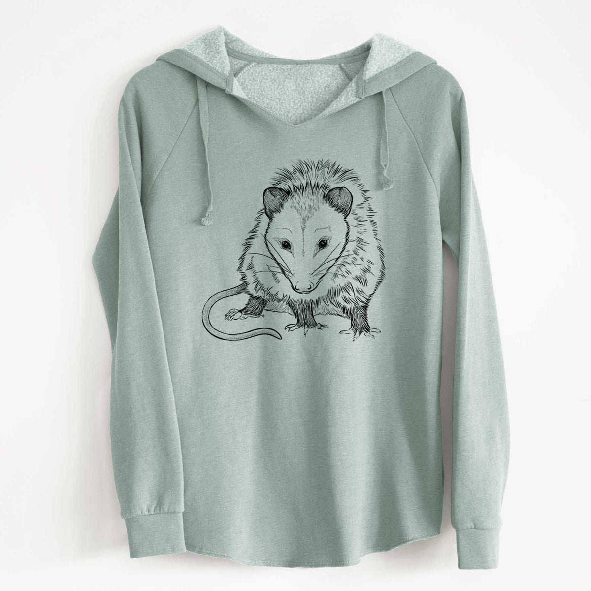 Sage green women's Cali Wave hooded sweatshirt laid flat, printed with a detailed black ink illustration of a Virginia opossum standing with its long tail curled.