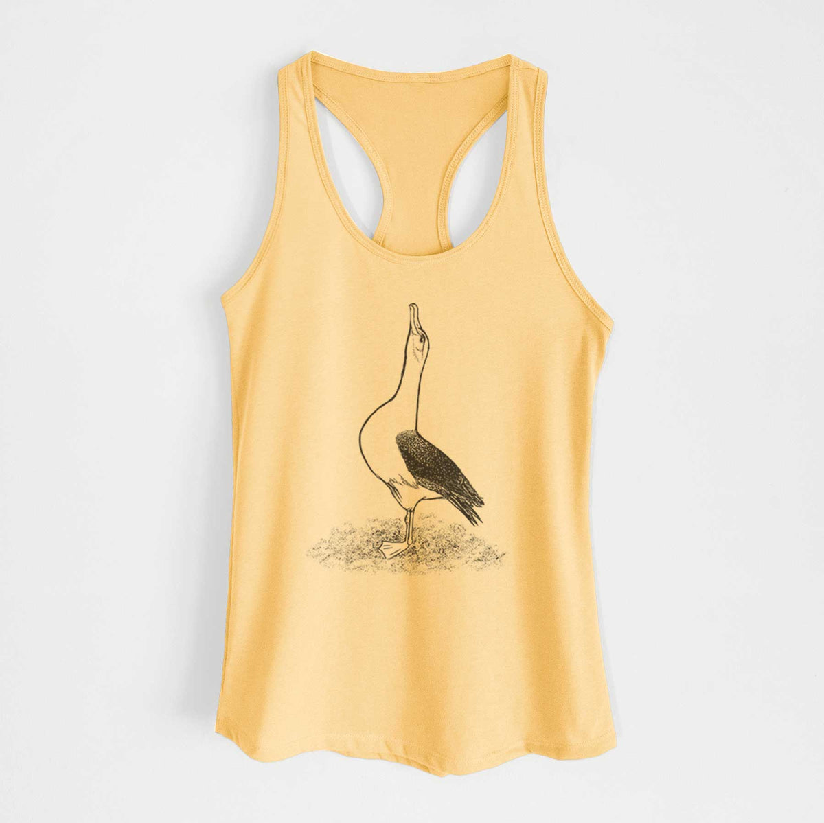 Banana cream women's racerback tank top laid flat, printed with a black ink illustration of a wandering albatross with its head raised.