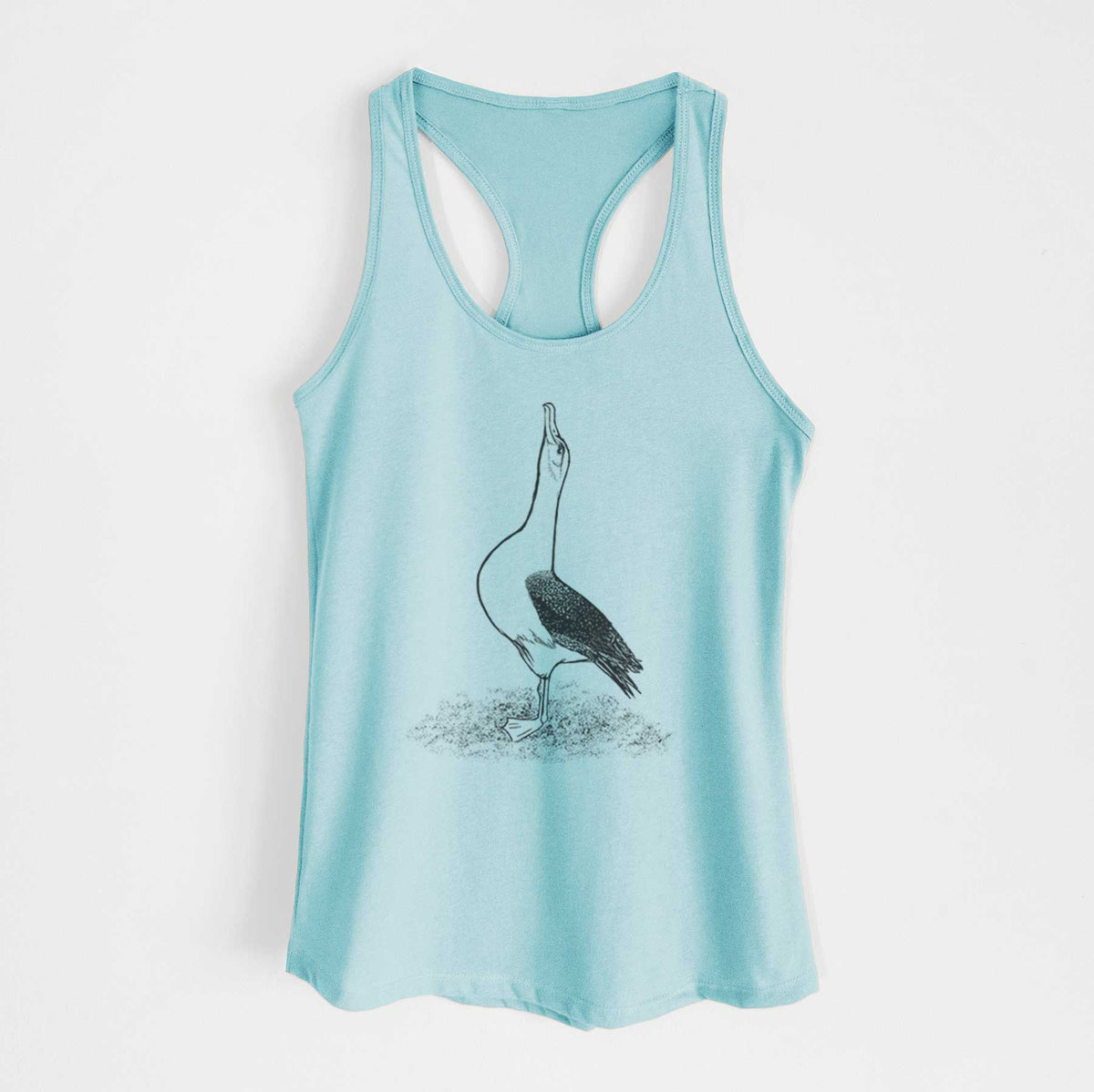 Cancun blue women's racerback tank top laid flat, printed with a black ink illustration of a wandering albatross with its head raised.
