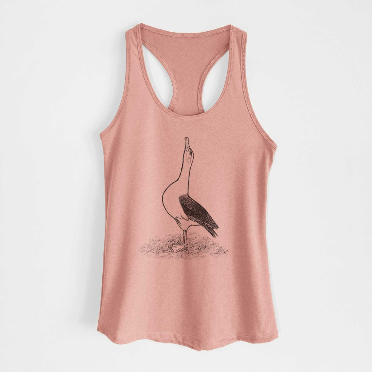 Desert pink women's racerback tank top laid flat, printed with a black ink illustration of a wandering albatross with its head raised.