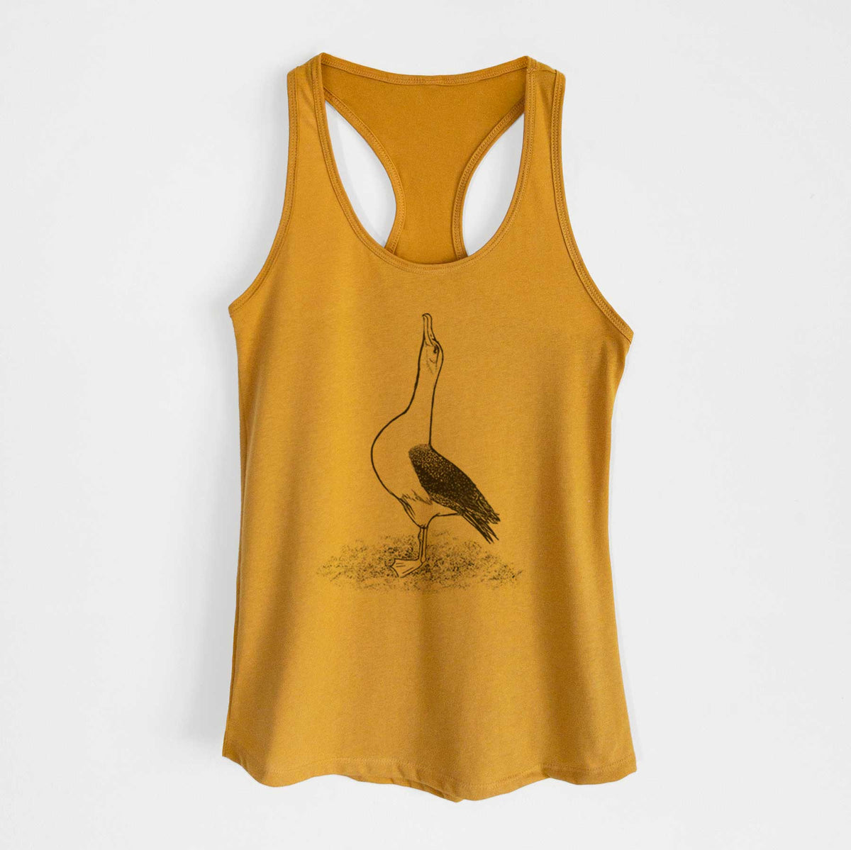 Gold women's racerback tank top laid flat, printed with a black ink illustration of a wandering albatross with its head raised.
