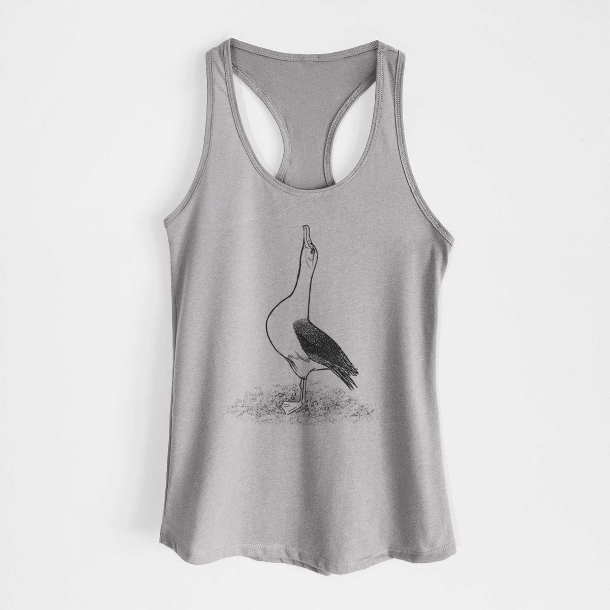 Heather grey women's racerback tank top laid flat, printed with a black ink illustration of a wandering albatross with its head raised.
