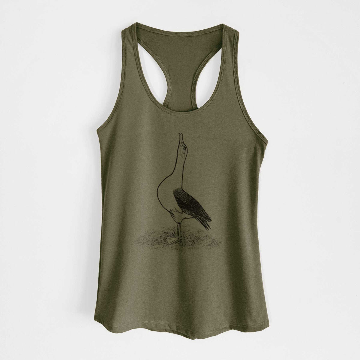 Military green women's racerback tank top laid flat, printed with a black ink illustration of a wandering albatross with its head raised.