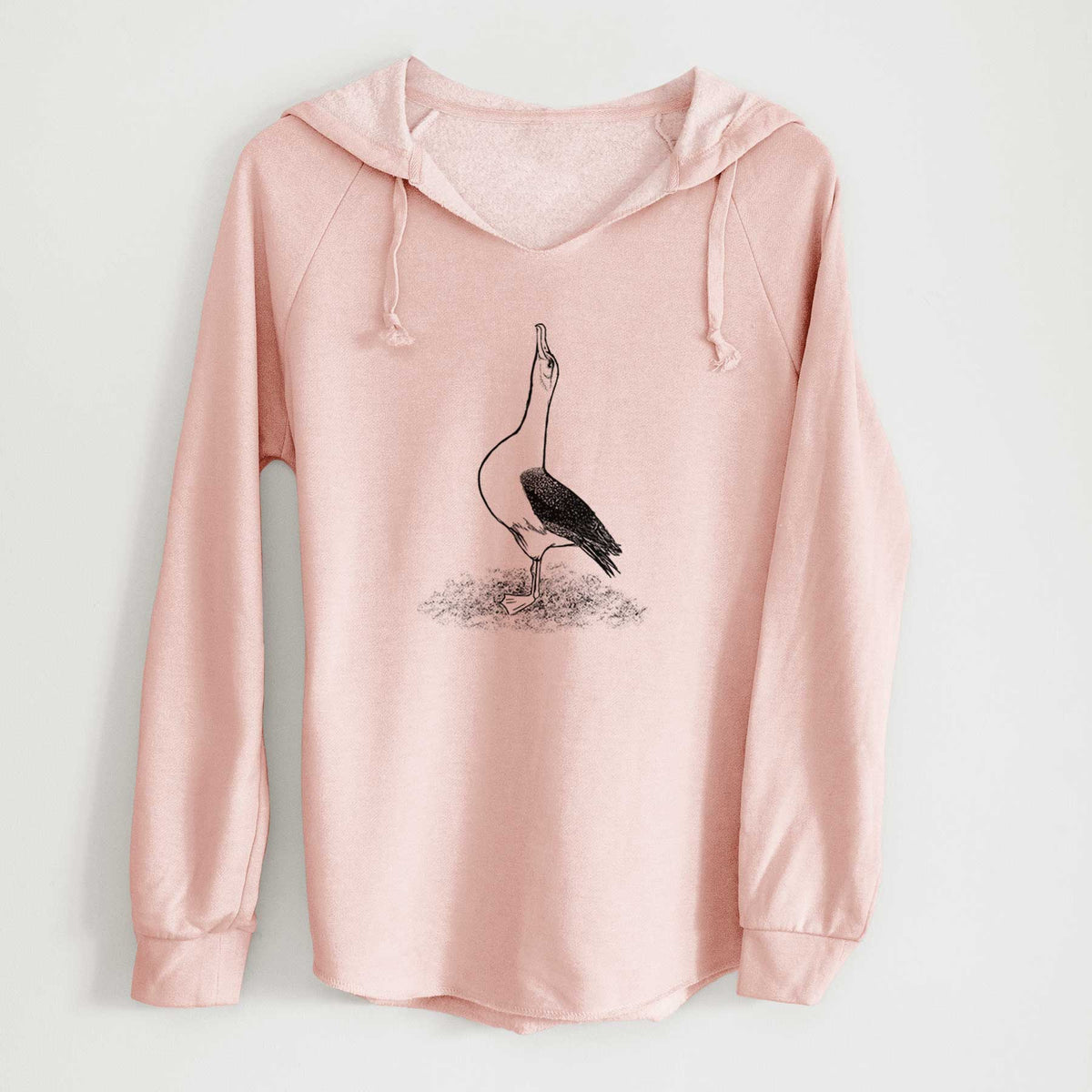 Blush pink women's Cali Wave hooded sweatshirt laid flat, printed with a black ink illustration of a wandering albatross with its head raised.