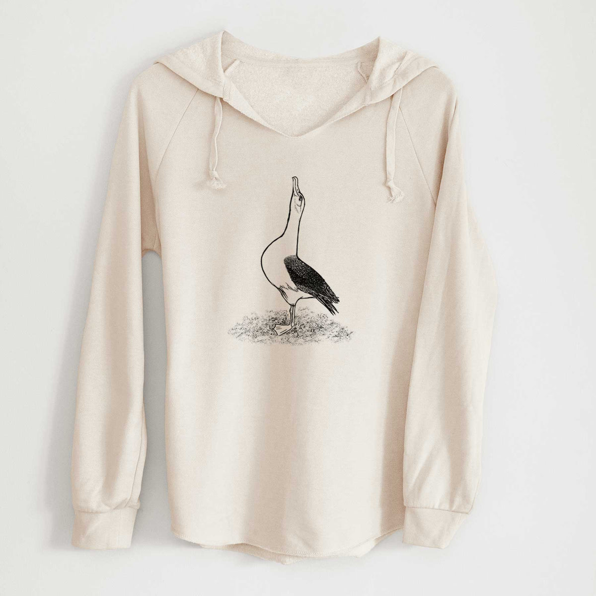 Bone cream women's Cali Wave hooded sweatshirt laid flat, printed with a black ink illustration of a wandering albatross with its head raised.