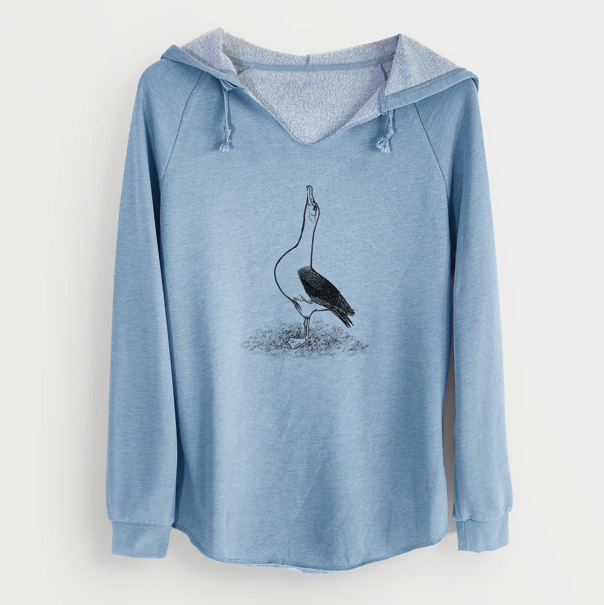 Misty blue women's Cali Wave hooded sweatshirt laid flat, printed with a black ink illustration of a wandering albatross with its head raised.