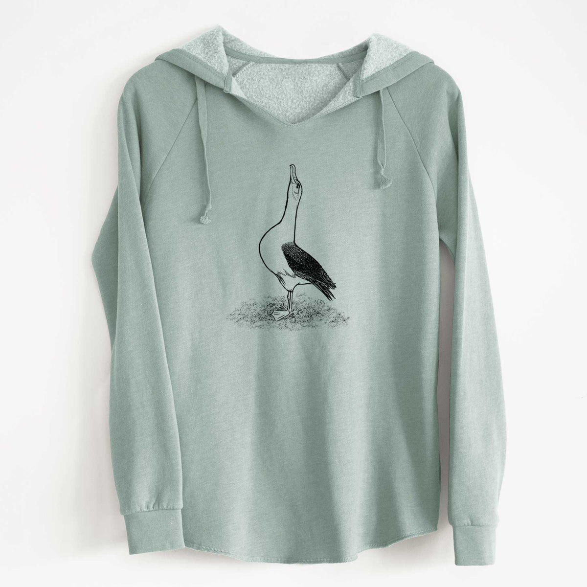 Sage green women's Cali Wave hooded sweatshirt laid flat, printed with a black ink illustration of a wandering albatross with its head raised.