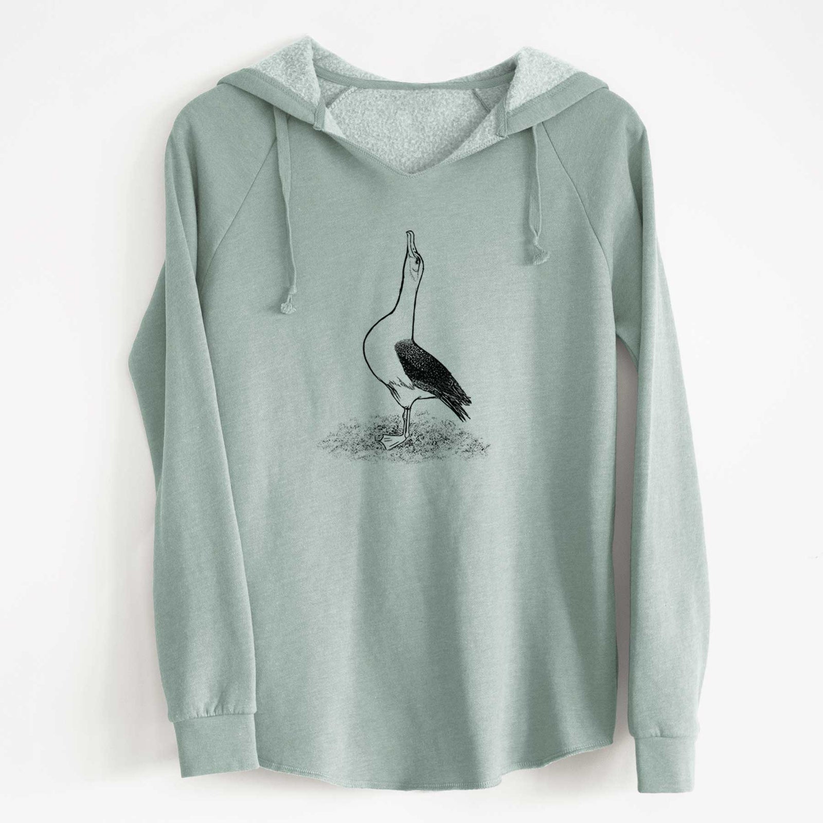 Sage green women's Cali Wave hooded sweatshirt laid flat, printed with a black ink illustration of a wandering albatross with its head raised.