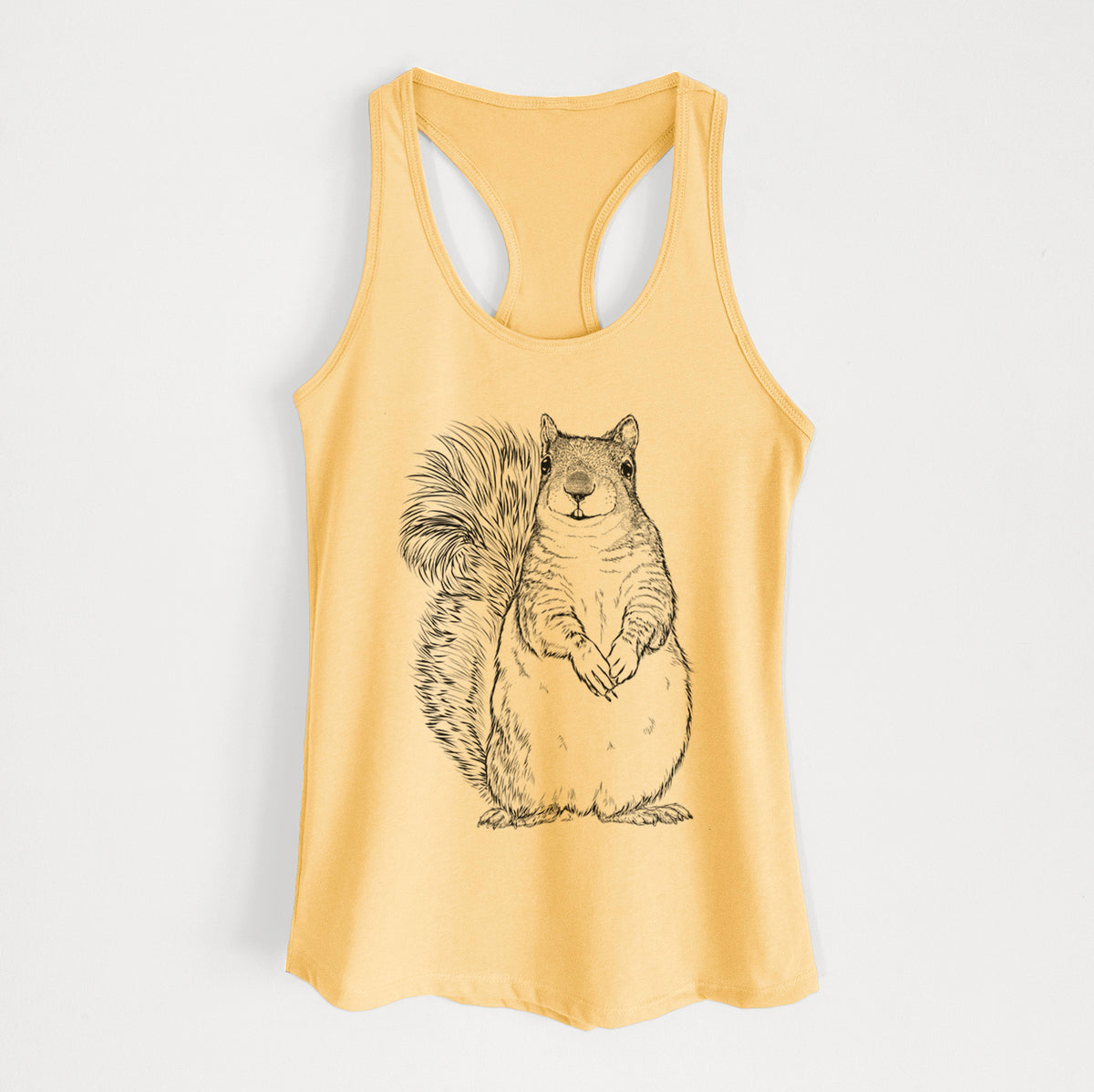 Banana cream women's racerback tank top laid flat, printed with a detailed black ink illustration of a western grey squirrel sitting upright with a bushy tail.