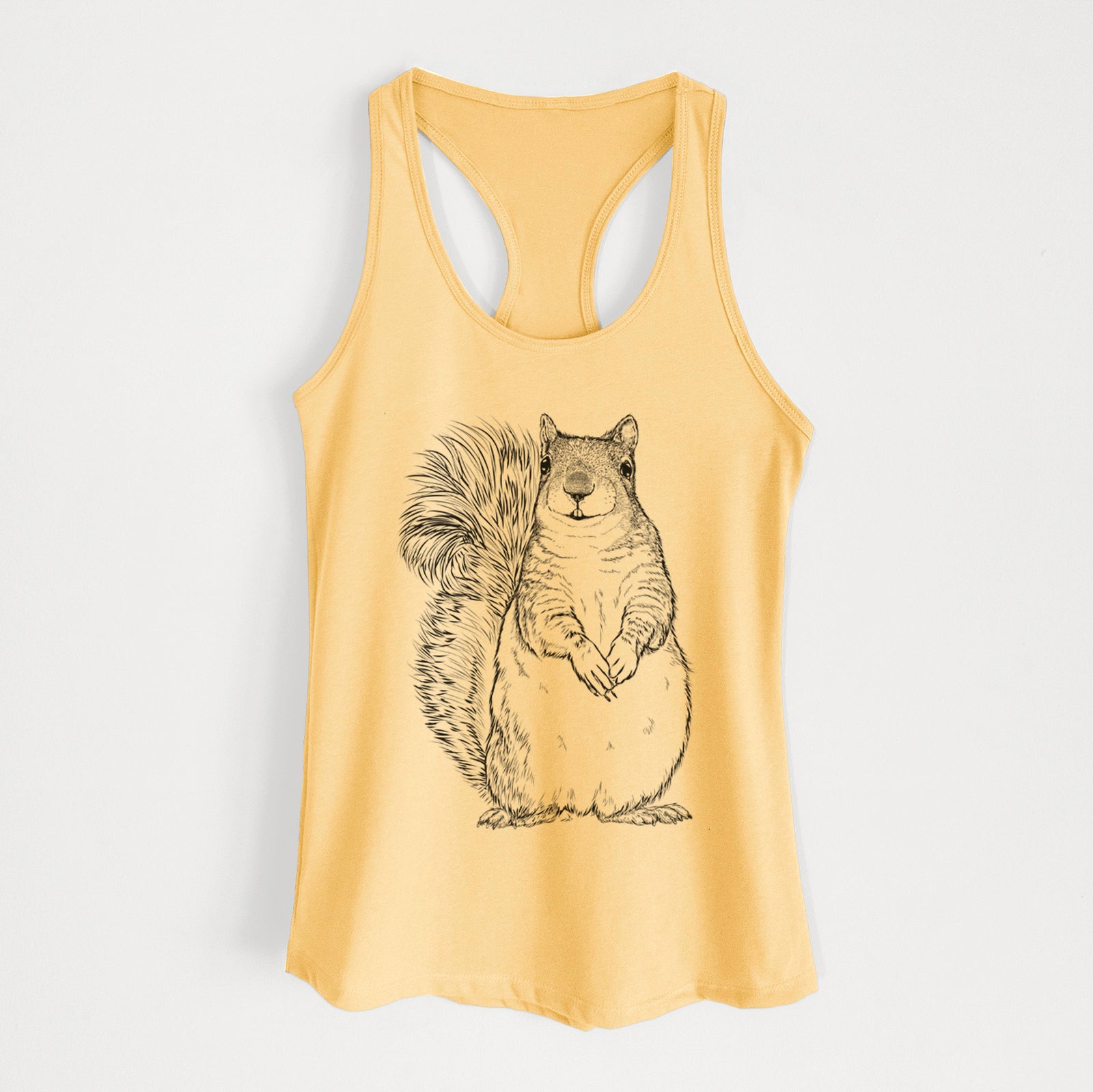 Banana cream women's racerback tank top laid flat, printed with a detailed black ink illustration of a western grey squirrel sitting upright with a bushy tail.