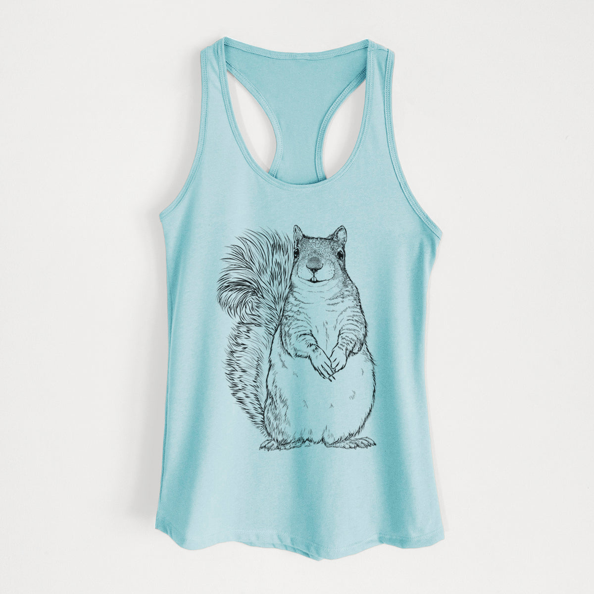 Cancun blue women's racerback tank top laid flat, printed with a detailed black ink illustration of a western grey squirrel sitting upright with a bushy tail.