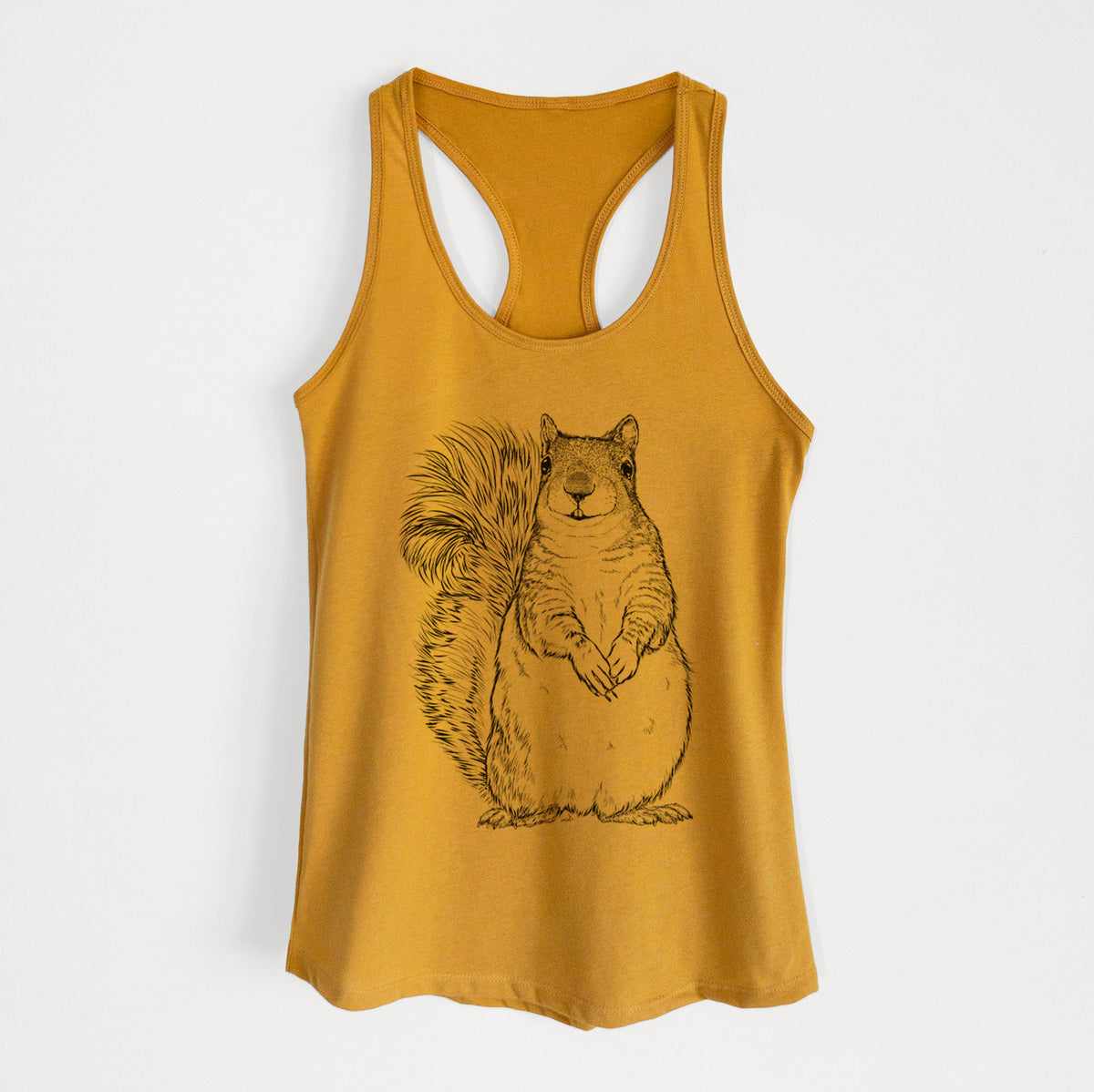 Gold women's racerback tank top laid flat, printed with a detailed black ink illustration of a western grey squirrel sitting upright with a bushy tail.