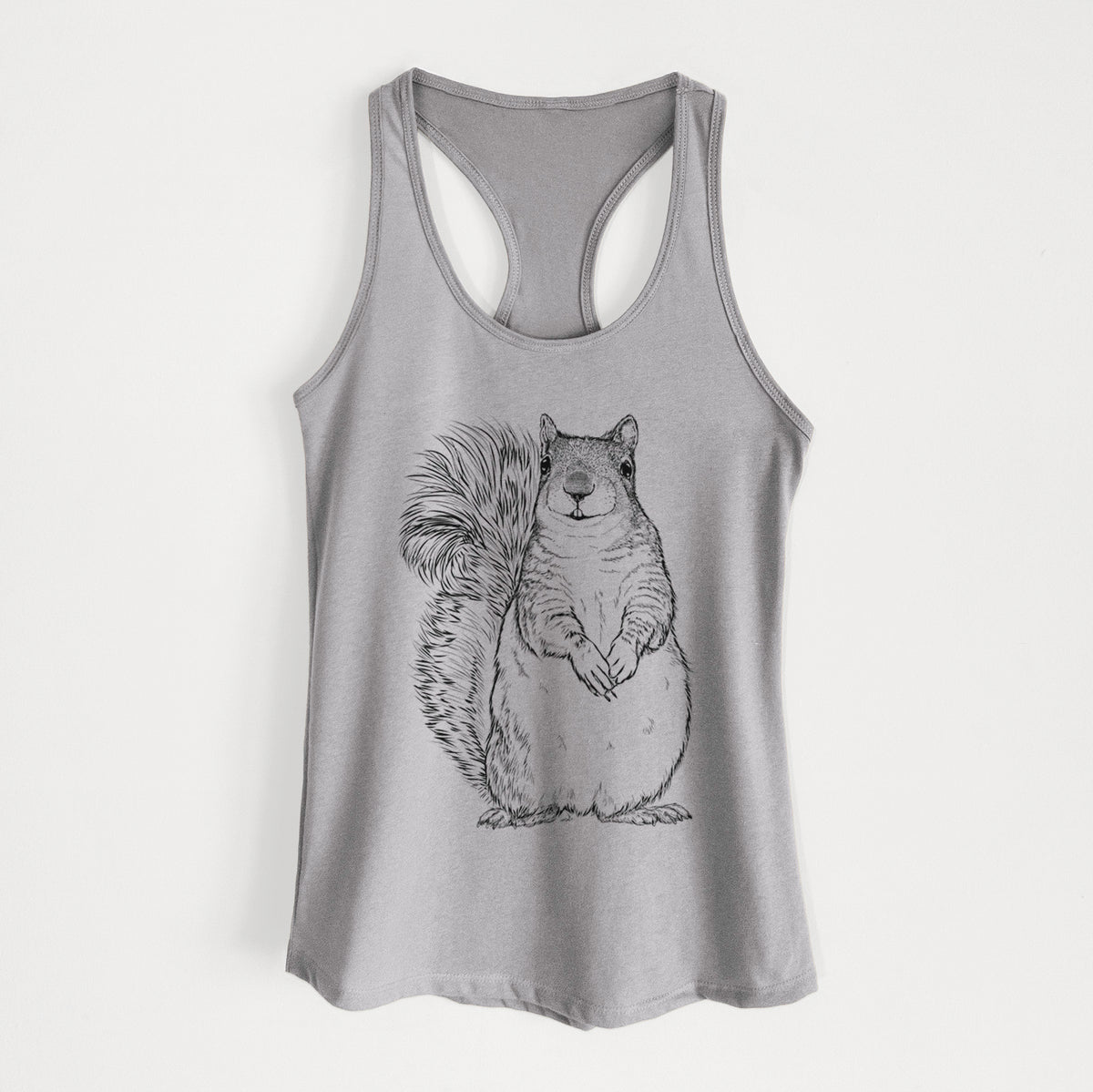 Heather grey women's racerback tank top laid flat, printed with a detailed black ink illustration of a western grey squirrel sitting upright with a bushy tail.