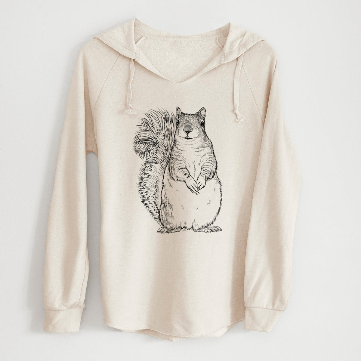 Bone cream women's Cali Wave hooded sweatshirt laid flat, printed with a detailed black ink illustration of a western grey squirrel sitting upright with a bushy tail.