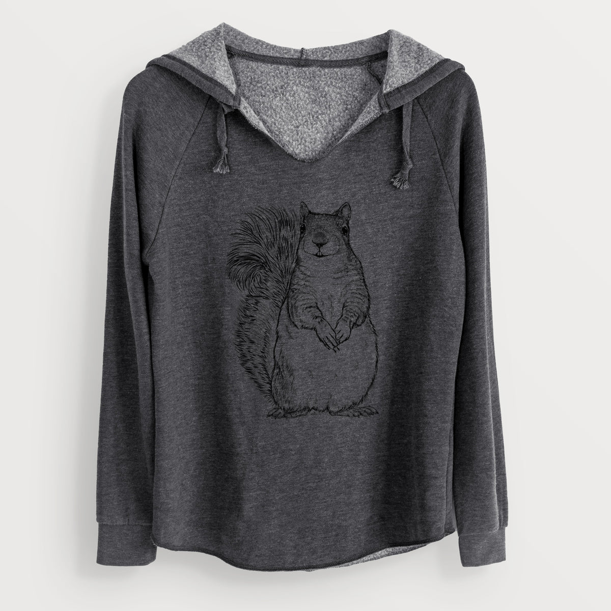 Charcoal grey women's Cali Wave hooded sweatshirt laid flat, printed with a detailed black ink illustration of a western grey squirrel sitting upright with a bushy tail.