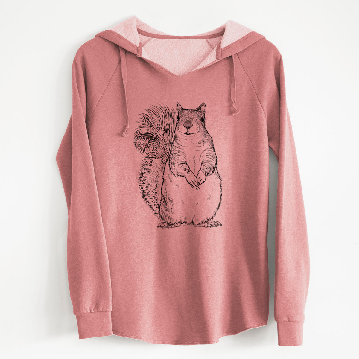 Dusty rose women's Cali Wave hooded sweatshirt laid flat, printed with a detailed black ink illustration of a western grey squirrel sitting upright with a bushy tail.