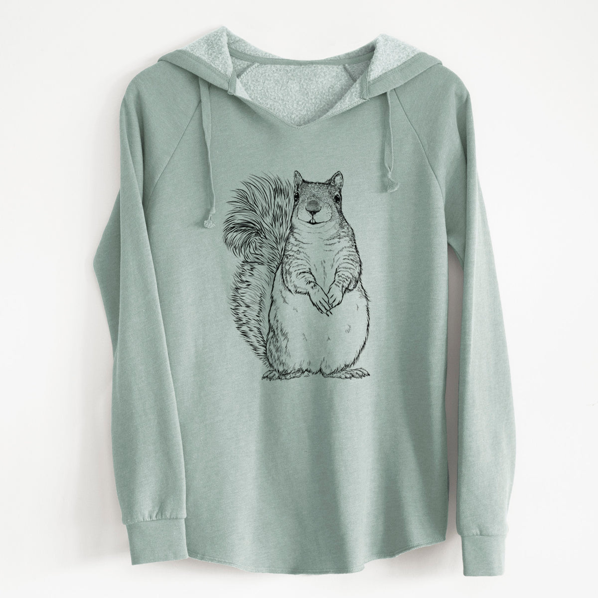 Sage green women's Cali Wave hooded sweatshirt laid flat, printed with a detailed black ink illustration of a western grey squirrel sitting upright with a bushy tail.