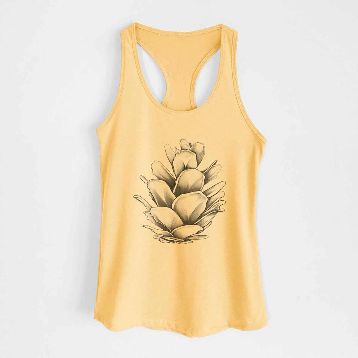 Banana cream women's racerback tank top laid flat, printed with a detailed black ink illustration of a western hemlock pine cone.