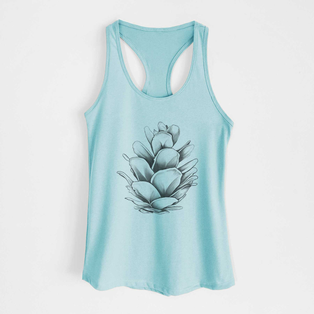Cancun blue women's racerback tank top laid flat, printed with a detailed black ink illustration of a western hemlock pine cone.