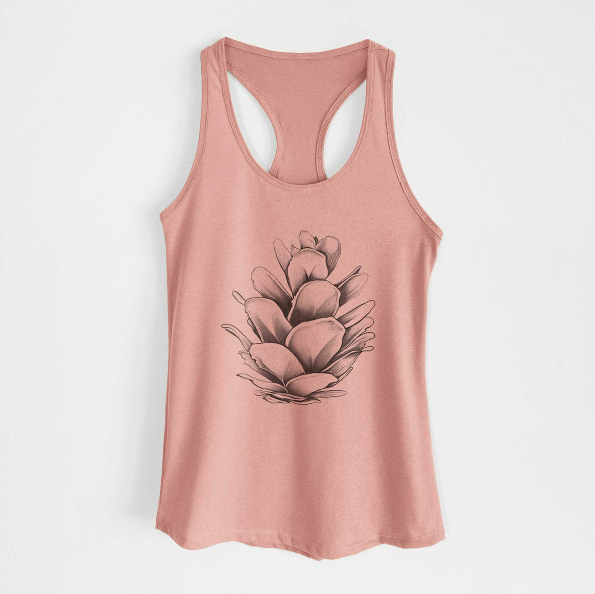 Desert pink women's racerback tank top laid flat, printed with a detailed black ink illustration of a western hemlock pine cone.