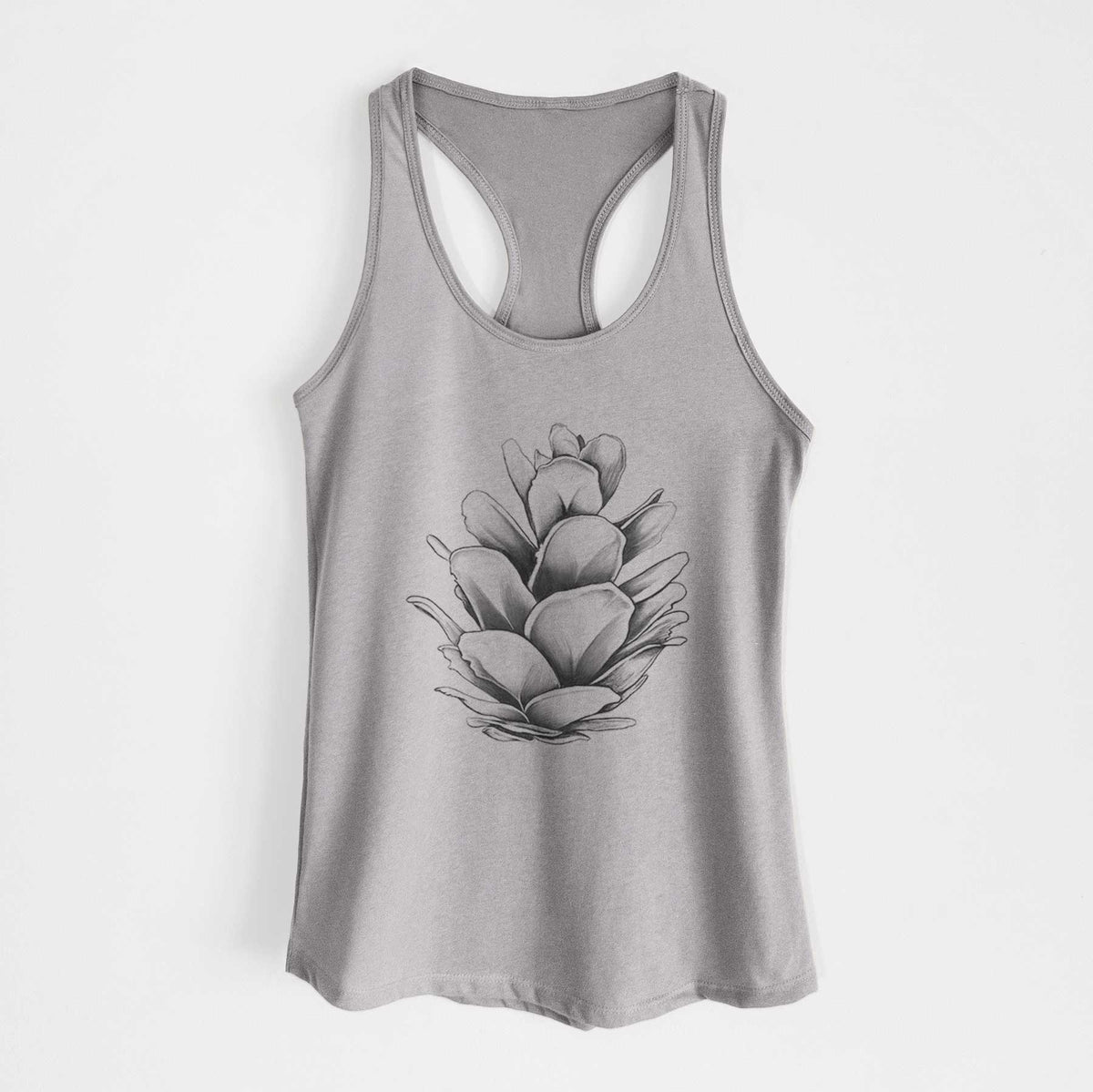 Heather grey women's racerback tank top laid flat, printed with a detailed black ink illustration of a western hemlock pine cone.