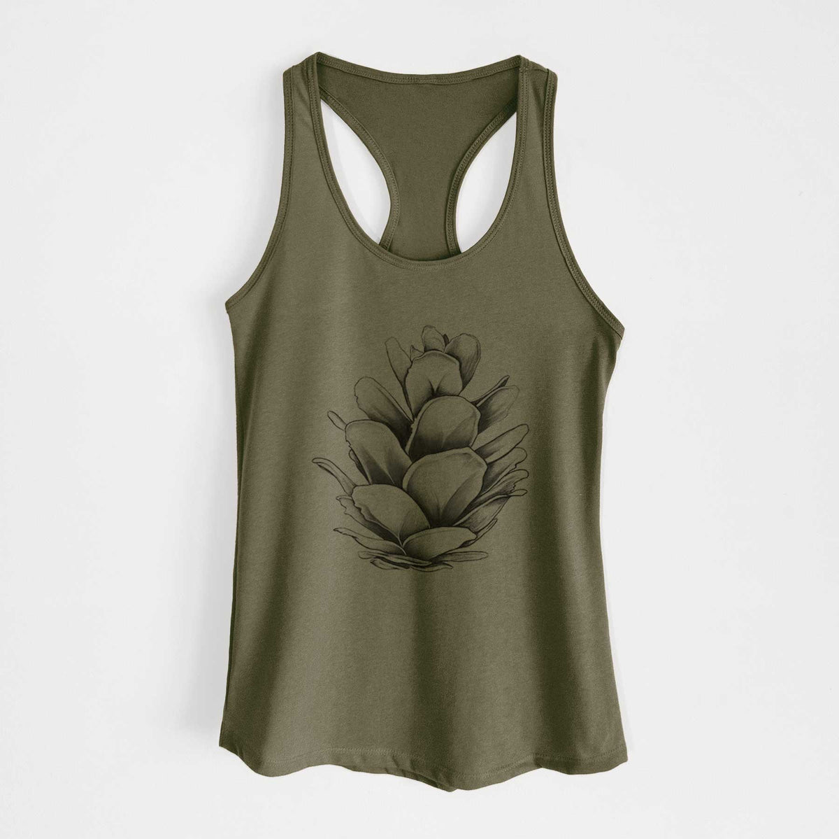 Military green women's racerback tank top laid flat, printed with a detailed black ink illustration of a western hemlock pine cone.