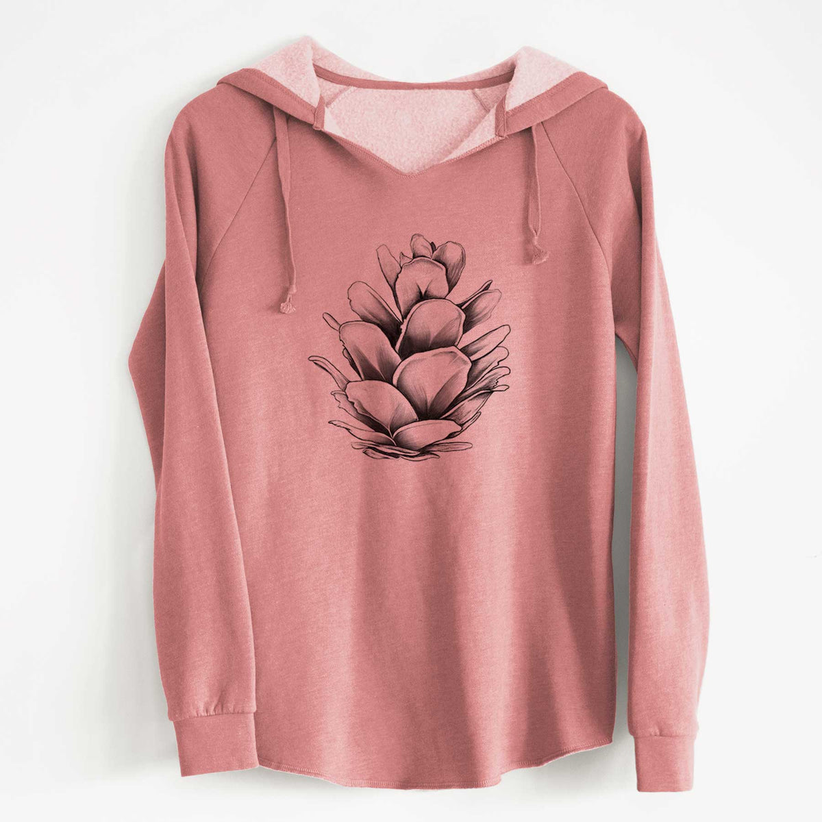 Dusty rose women's Cali Wave hooded sweatshirt laid flat, printed with a detailed black ink illustration of a western hemlock pine cone.