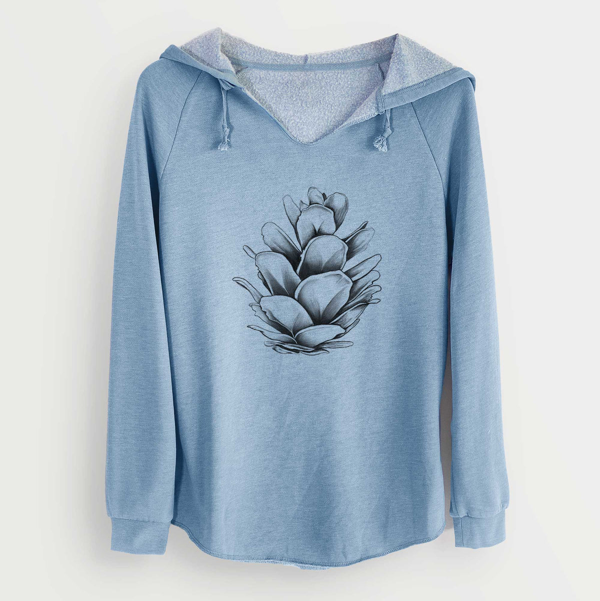 Misty blue women's Cali Wave hooded sweatshirt laid flat, printed with a detailed black ink illustration of a western hemlock pine cone.