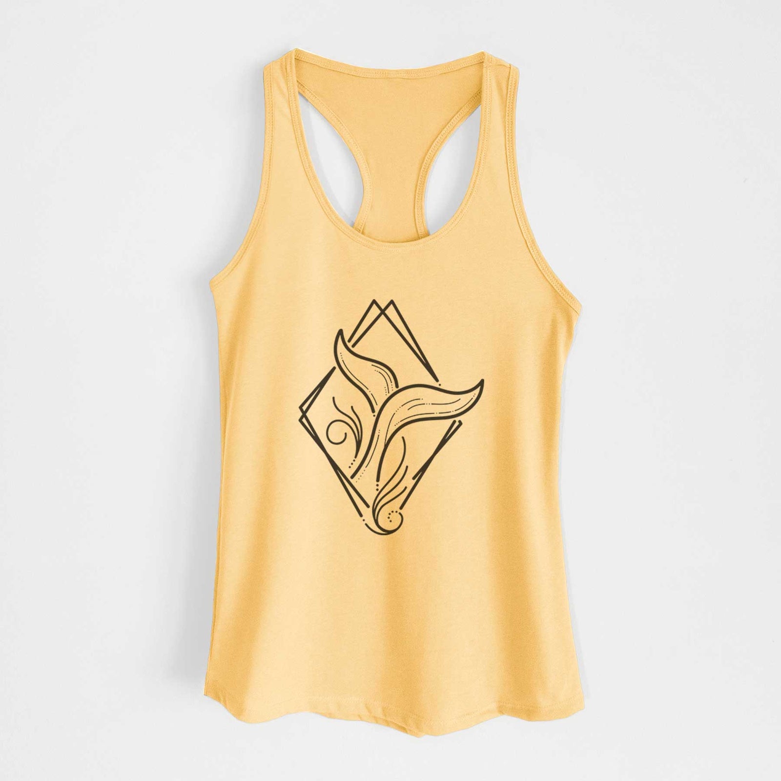 Banana cream women's racerback tank top laid flat, printed with a black line art whale tail rising from a wave inside a diamond outline.