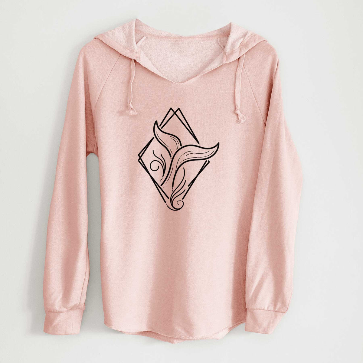 Blush pink women's Cali Wave hooded sweatshirt laid flat, printed with a black line art whale tail rising from a wave inside a diamond outline.