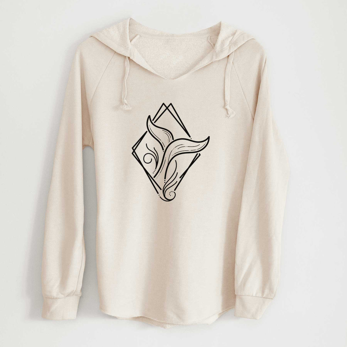 Bone cream women's Cali Wave hooded sweatshirt laid flat, printed with a black line art whale tail rising from a wave inside a diamond outline.