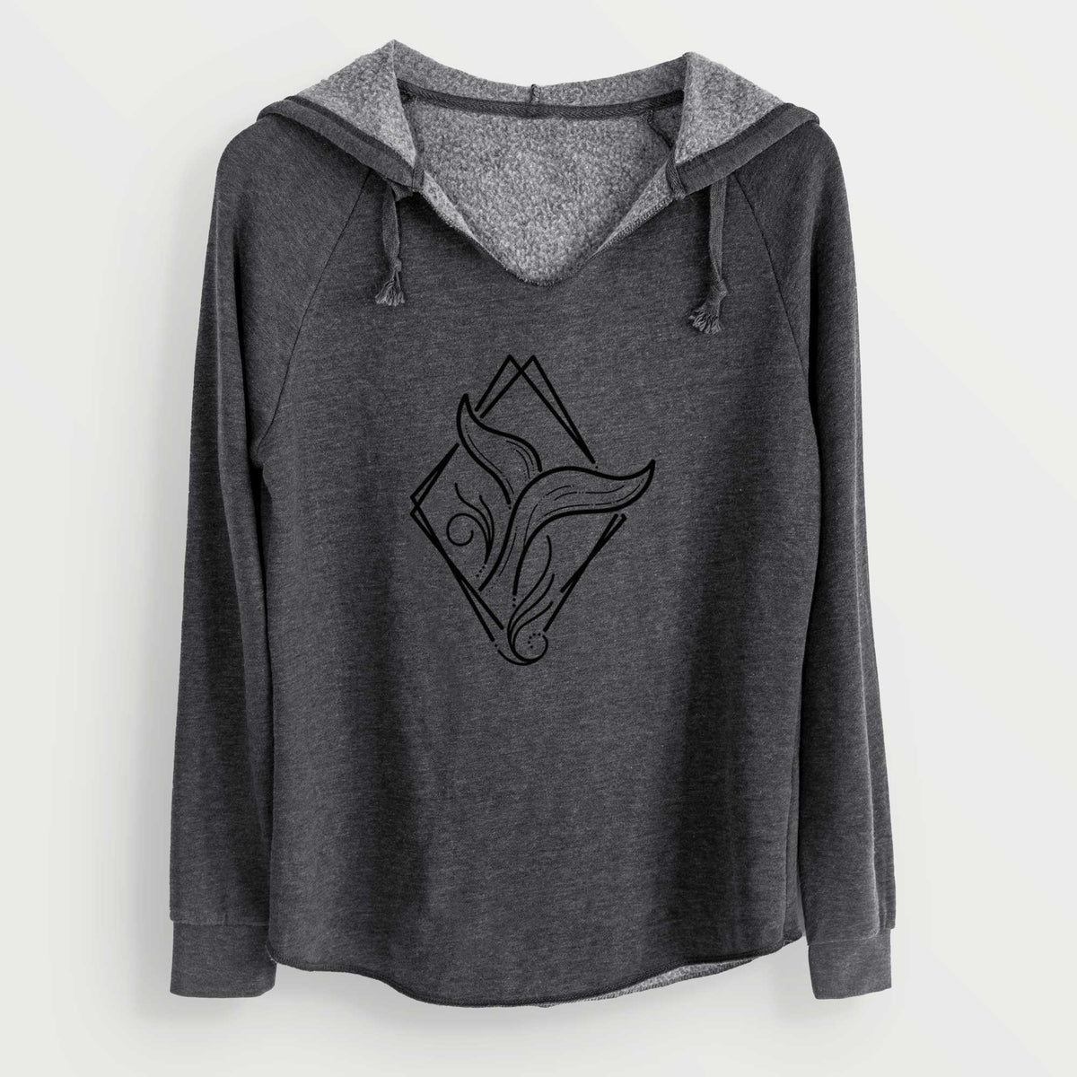 Charcoal grey women's Cali Wave hooded sweatshirt laid flat, printed with a black line art whale tail rising from a wave inside a diamond outline.