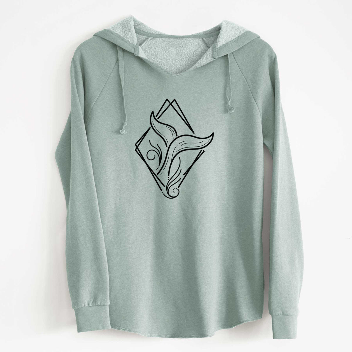 Sage green women's Cali Wave hooded sweatshirt laid flat, printed with a black line art whale tail rising from a wave inside a diamond outline.