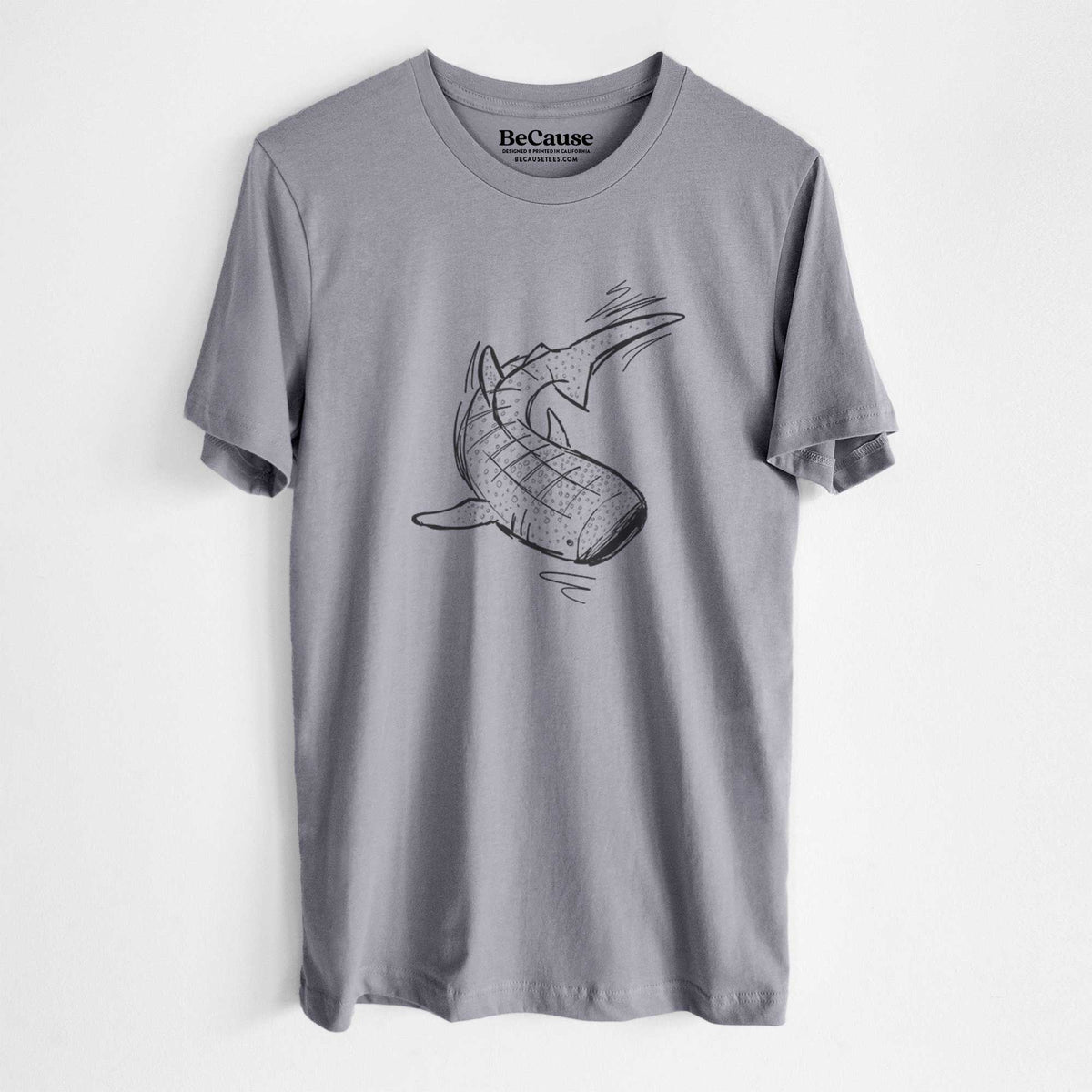 Storm grey lightweight cotton t-shirt laid flat, printed with a black ink illustration of a spotted whale shark swimming.