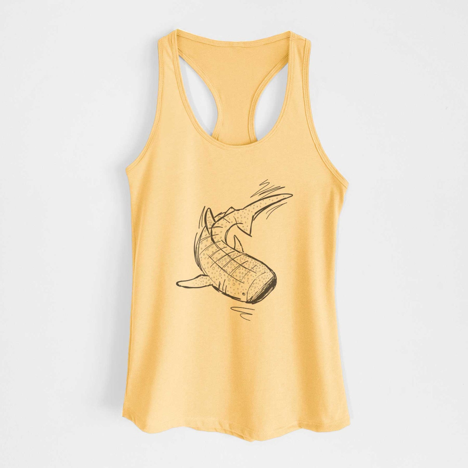 Banana cream women's racerback tank top laid flat, printed with a black ink illustration of a spotted whale shark swimming.