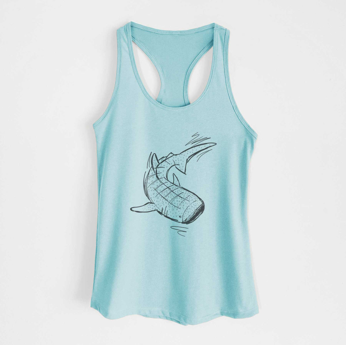 Cancun blue women's racerback tank top laid flat, printed with a black ink illustration of a spotted whale shark swimming.