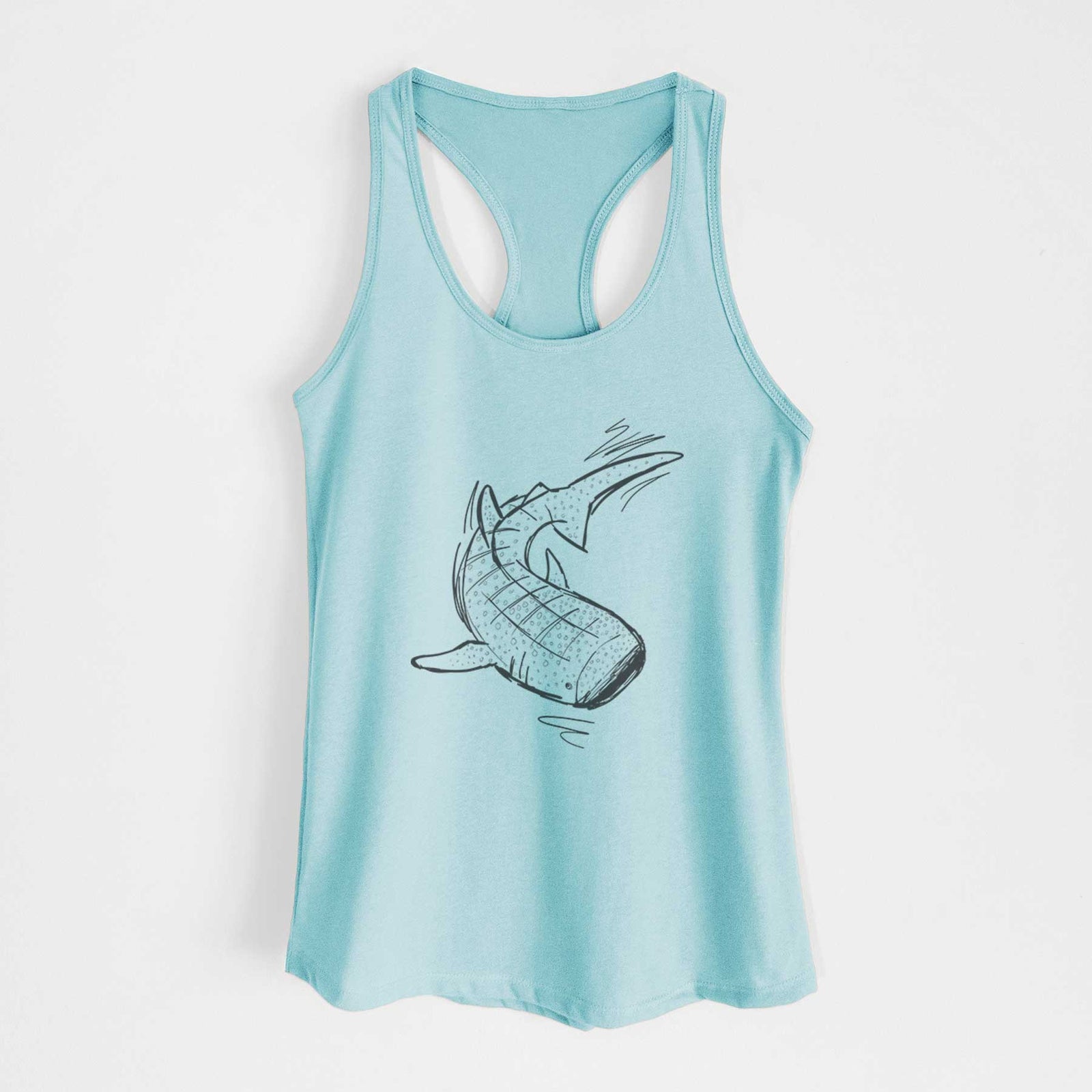 Banana cream women's racerback tank top laid flat, printed with a black ink illustration of a spotted whale shark swimming.