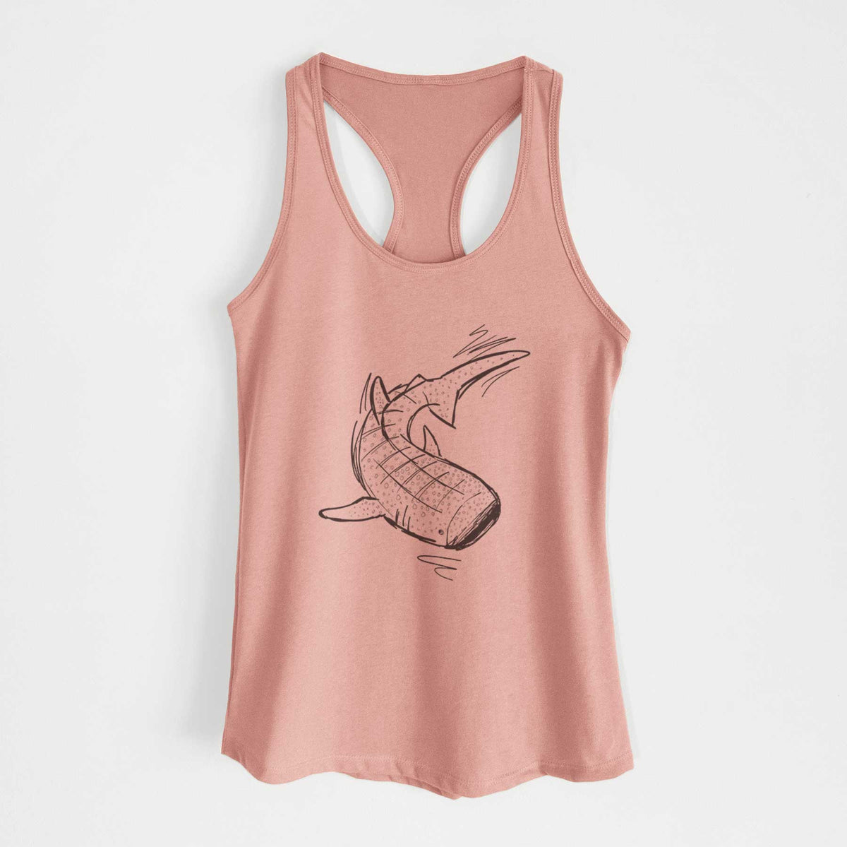 Desert pink women's racerback tank top laid flat, printed with a black ink illustration of a spotted whale shark swimming.