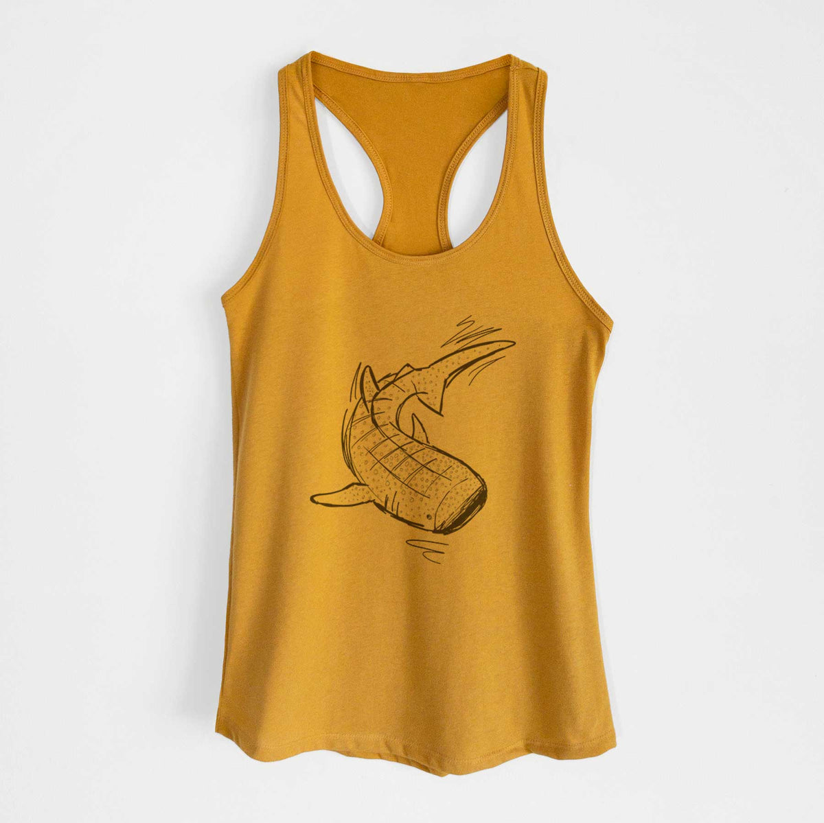 Gold women's racerback tank top laid flat, printed with a black ink illustration of a spotted whale shark swimming.