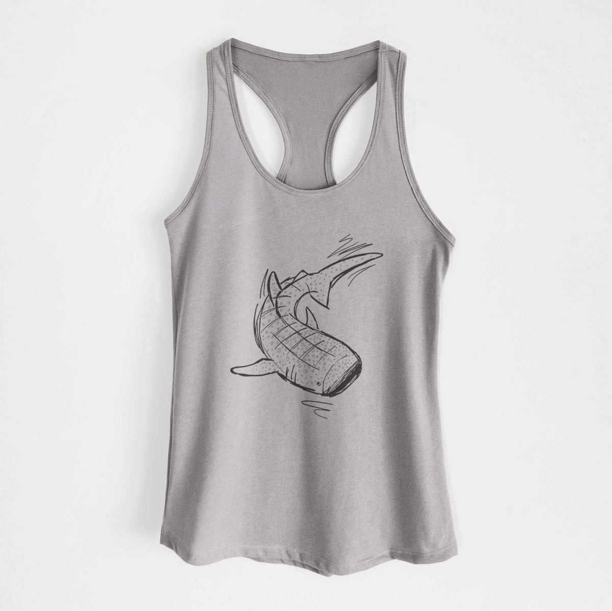 Heather grey women's racerback tank top laid flat, printed with a black ink illustration of a spotted whale shark swimming.