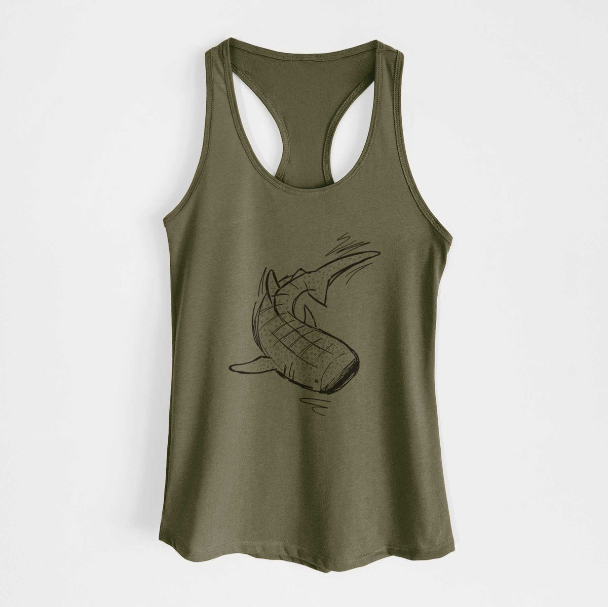 Military green women's racerback tank top laid flat, printed with a black ink illustration of a spotted whale shark swimming.